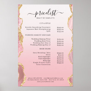 Modern Pink Gold Glitter Salon Preisliste Poster