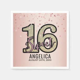 Modern Pink Gold Glitter Sweet 16 Sixteen Birthday Napkin