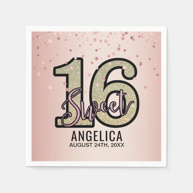 Modern Pink Gold Glitter Sweet 16 Sixteen Birthday Napkin (Front)