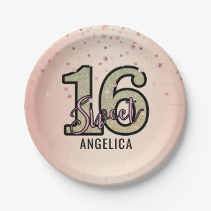 Modern Pink Gold Glitter Sweet 16 Sixteen Birthday Paper Plate