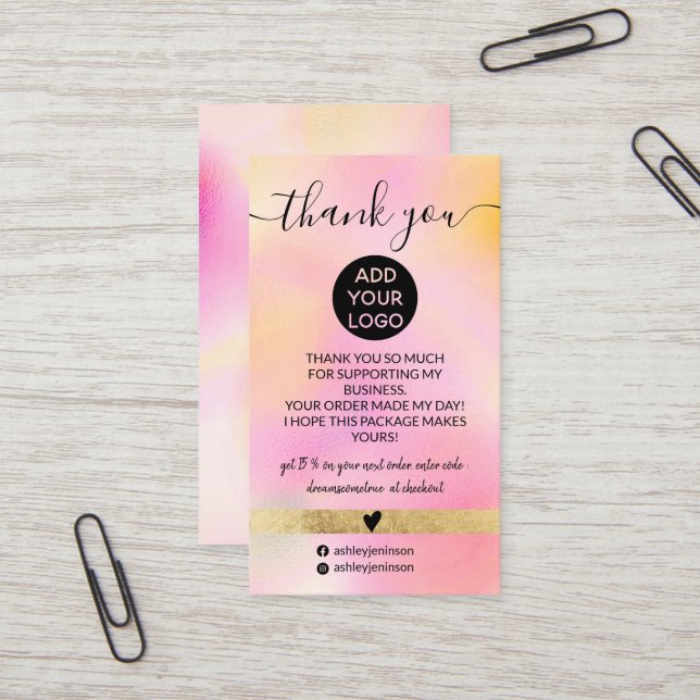 Modern pink gold gradient logo order thank you business card (Front/Back In Situ)