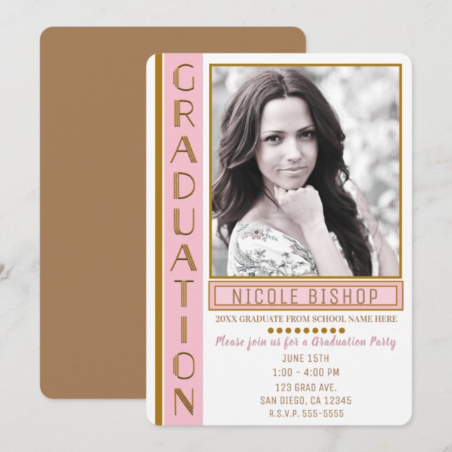 Modern Pink Gold Graduation Party Graduate Photo Invitation (Front/Back)