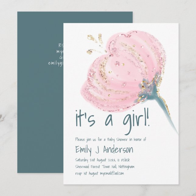 Modern Pink Gold Its a girl BabyShower Handwritten Invitation (Front/Back)