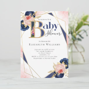 Modern Pink Gold Navy Blue Flower Girl Baby Shower Invitation
