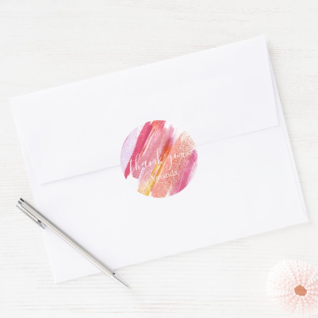 Modern Pink & Gold Painted Personalised Thank You Classic Round Sticker (Envelope)
