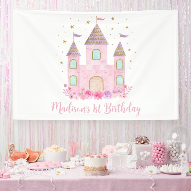 Modern Pink Gold Princess Castle Birthday Banner (Party)
