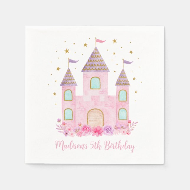 Modern Pink Gold Princess Castle Birthday Napkin (Front)