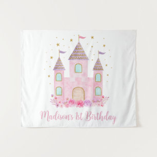 Modern Pink Gold Princess Castle Birthday Tapestry