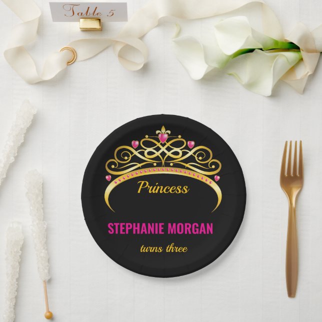 Modern Pink Gold Princess Crown Birthday Party Paper Plate (Wedding)