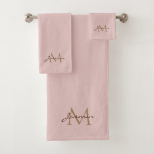 Modern Pink & Gold Simple Minimalist Monogram Bath Towel Set