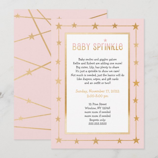 Modern Pink Gold Stars girl baby sprinkle invite (Front/Back)