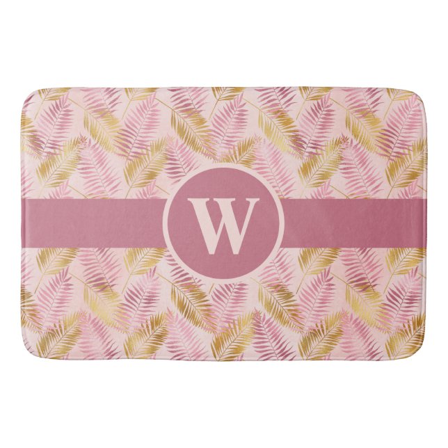 Modern Pink Gold Tropical Botanical Palm Leaf Bath Mat (Front)