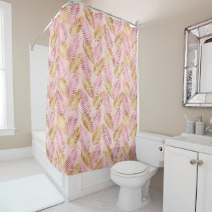Modern Pink Gold Tropical Botanical Palm Leaf Shower Curtain