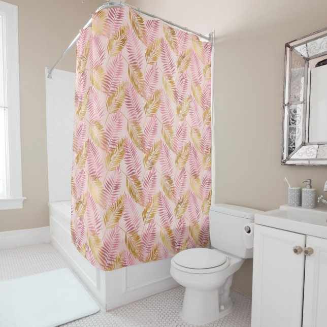 Modern Pink Gold Tropical Botanical Palm Leaf Shower Curtain (In Situ)