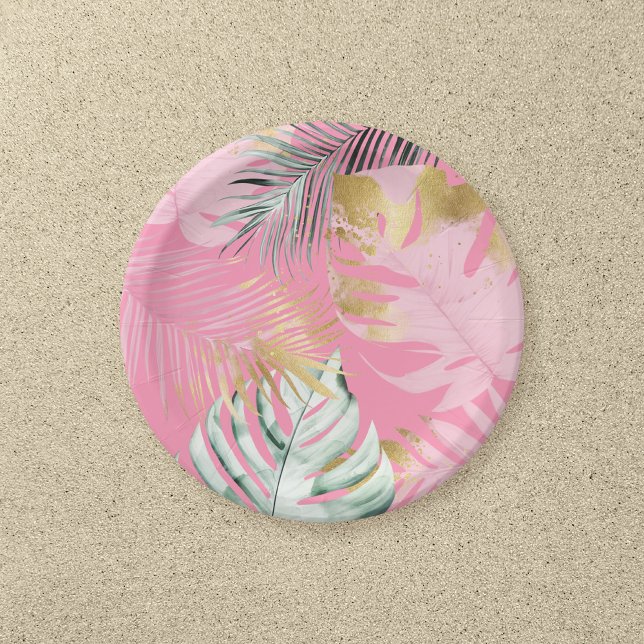 Modern Pink & Gold Tropical Leaves Birthday Party Paper Plate (Creator Uploaded)