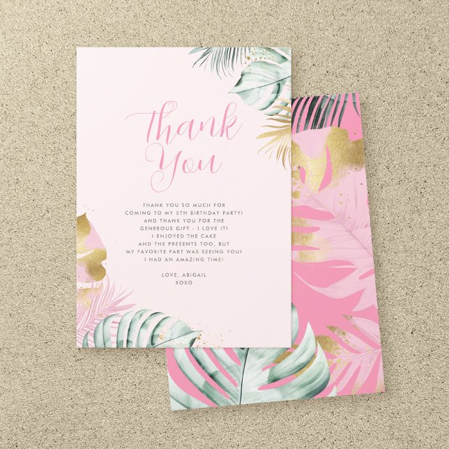Modern Pink & Gold Tropical Leaves Birthday Thank You Card (Creator Uploaded)