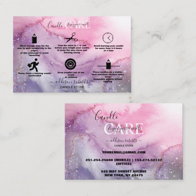 Modern Pink Gold Watercolor Candle Care     Busine Business Card (Front/Back)