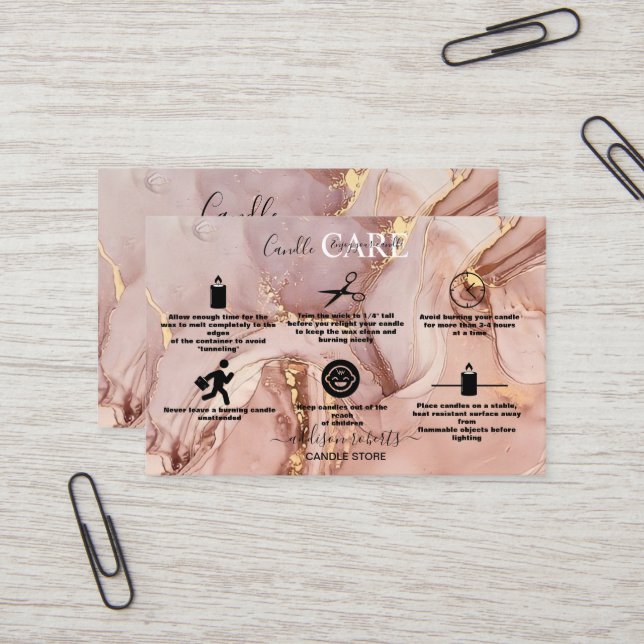 Modern Pink Gold Watercolor Candle Care    Busines Business Card (Front/Back In Situ)