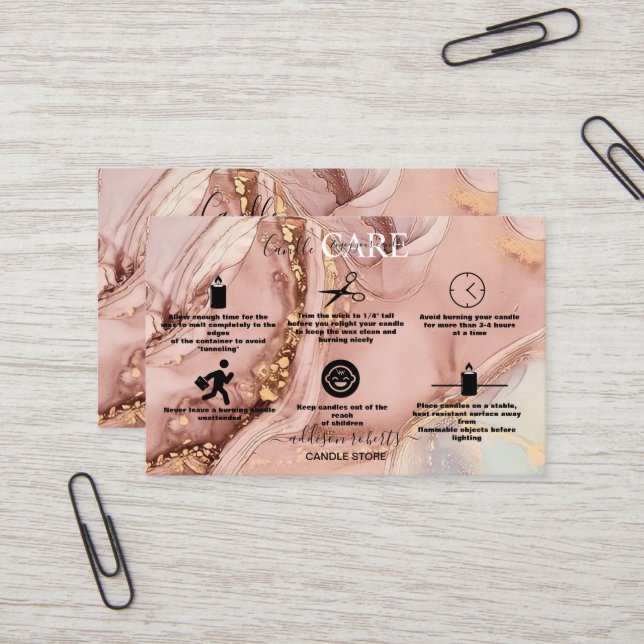 Modern Pink Gold Watercolor Candle Care  Business Card (Front/Back In Situ)