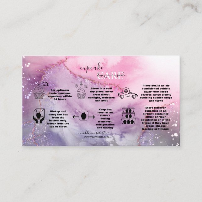 Modern Pink Gold Watercolor Cupcake Care   Busines Business Card (Front)