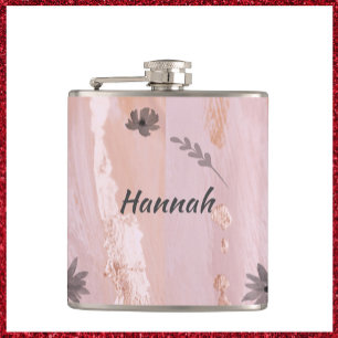 Modern Pink Gold Watercolor Floral Hip Flask