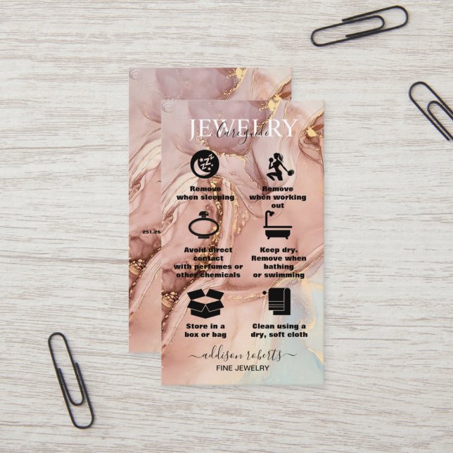 Modern Pink Gold Watercolor Jewellery Care  Business Card (Front/Back In Situ)