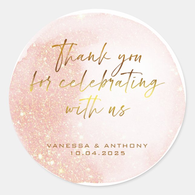 Modern Pink Gold Watercolor Shape Wedding Classic Round Sticker (Front)