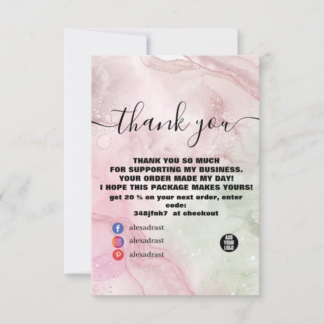 Modern Pink Gold Watercolor Thank You Card (Front)