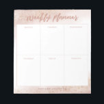 Modern Pink Gold Watercolor Weekly Planner Notepad<br><div class="desc">Elegant and modern weekly planner. There are 6 boxes on the notepad to write down your schedule and plan for each day of the week. The background is in a pretty pink watercolor ombre with faux gold glitter. Customise this product by adding your name at the bottom.</div>