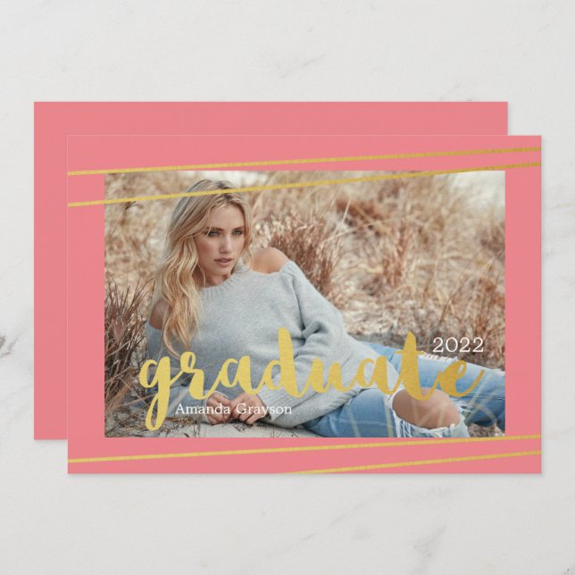 Modern Pink, Gold, & White Graduate Invitations (Front/Back)