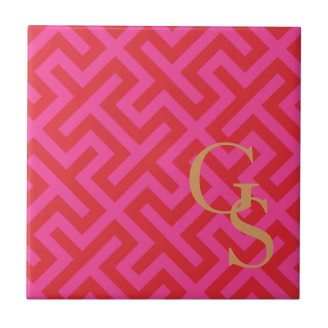 Modern pink greek key geometric patterns monogram tile (Front)