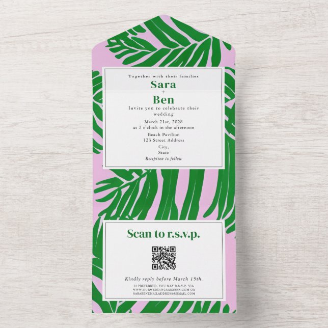 Modern Pink + Green Beach Wedding QR Code RSVP All In One Invitation (Inside)