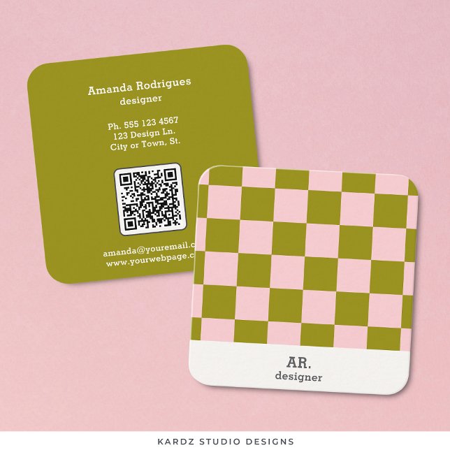 Modern Pink Green Checks Qr Code Square Business Card (Front and back of card shown in 2.5 x 2.5 inch. with round corners. Choose corner style.)