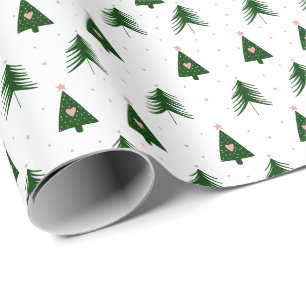 Modern Pink & Green Christmas Trees Holiday Wrapping Paper
