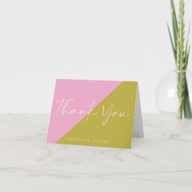 Modern Pink Green Colour Block Personalised Thank You Card (Front)
