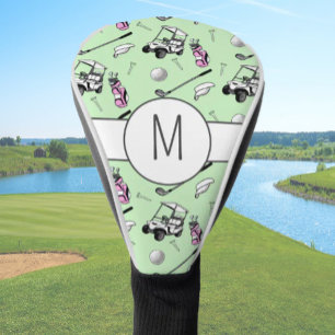 Modern Pink Green Lady Golfer Cute Custom Initial Golf Head Cover