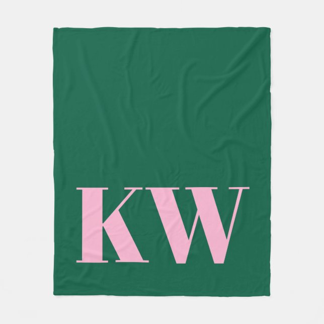 Modern Pink Green Monogram Initials Personalised Fleece Blanket (Front)