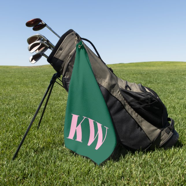Modern Pink Green Monogram Initials Personalised Golf Towel (Green)