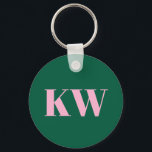 Modern Pink Green Monogram Initials Personalised Key Ring<br><div class="desc">This personalised keychain features bold serif initials in soft pink set against a green background.</div>
