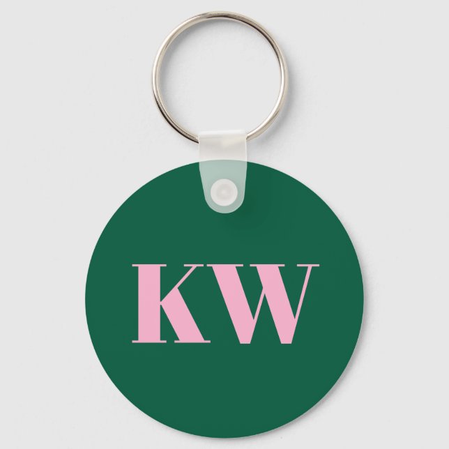Modern Pink Green Monogram Initials Personalised Key Ring (Front)