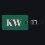 Modern Pink Green Monogram Initials Personalised Luggage Tag<br><div class="desc">This luggage tag features your initials and contact information in pink on a green background.</div>