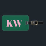 Modern Pink Green Monogram Initials Personalised Luggage Tag<br><div class="desc">This luggage tag features your initials and contact information in pink on a green background.</div>