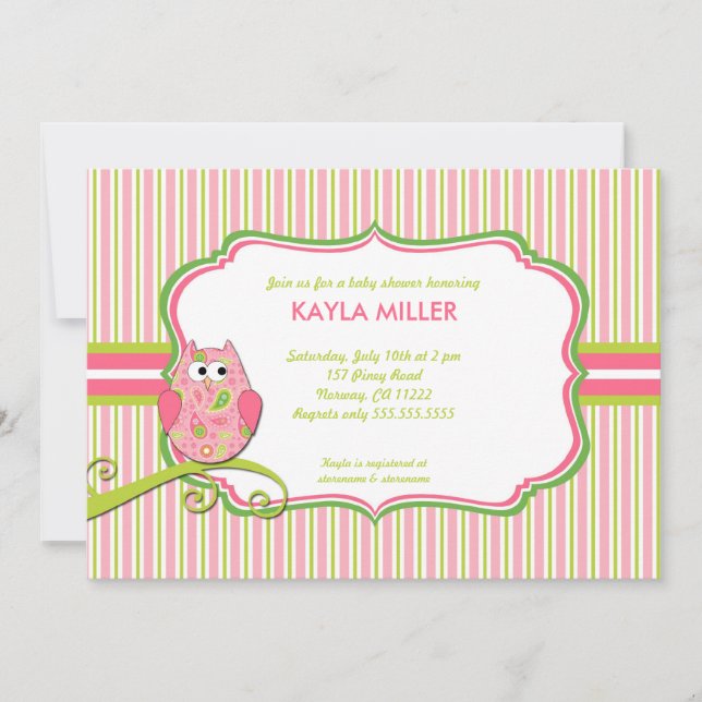 Modern Pink & Green Paisley Owl Baby Shower Invite (Front)
