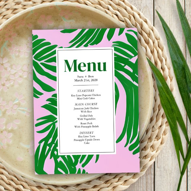 Modern Pink + Green Palm Tree Wedding Menu (Creator Uploaded)