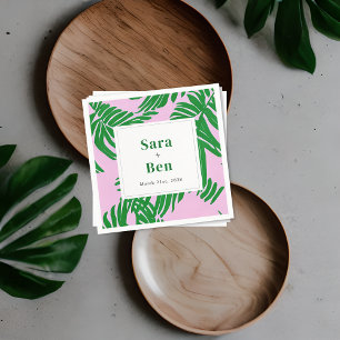 Modern Pink + Green Palm Tree Wedding Napkin