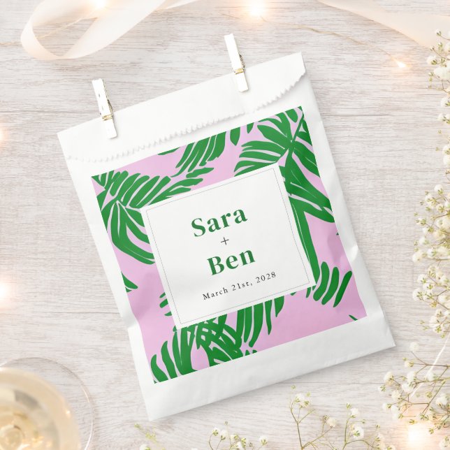 Modern Pink + Green Palm Trees Wedding Favour Bags (Clipped)