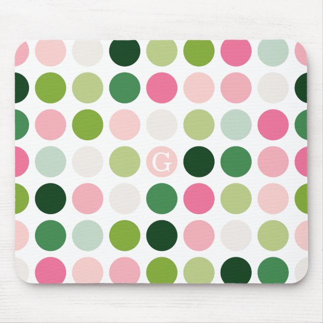 Modern pink green polka dots pattern monogram mouse mat (Front)