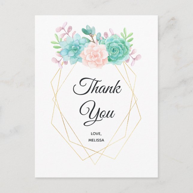 Modern Pink & Green Succulent Watercolor Thank You Postcard (Front)