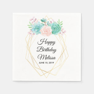 Modern Pink & Green Succulents Watercolor Birthday Napkin