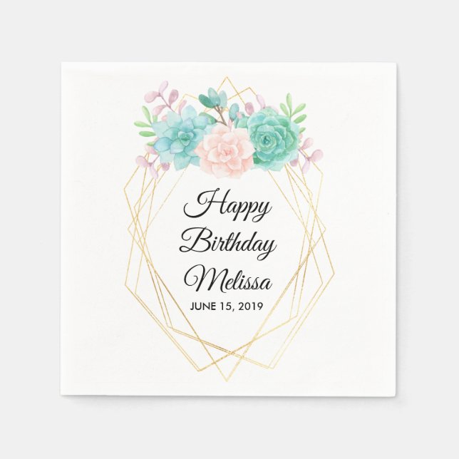 Modern Pink & Green Succulents Watercolor Birthday Napkin (Front)